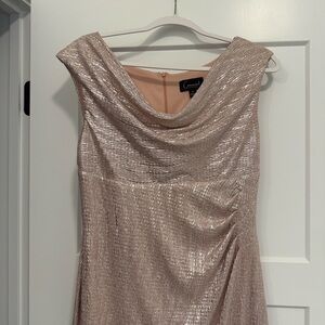 Connected Apparel Rose Gold Metallic Midi Dress Size 8 – Cowl Neck Elegant